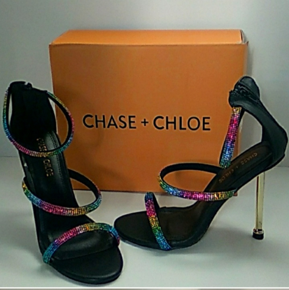 Chase + Chloe Women's Black/Multicolor 3 Strap Zip Up Heels Size 8